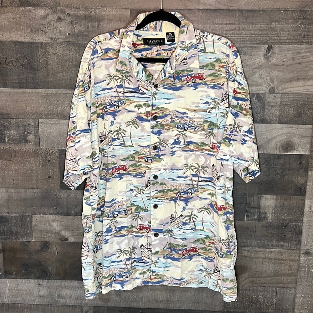 Fun Summer Print Short Sleeve Button Down Cactus Black Label Shirt